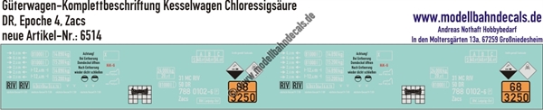 "Nass-Schiebebilder: Güterwagen-Komplettbeschriftung Kesselwagen Zacs, Ladegut Chloressigsäure, DR, Epoche 4. Artikel-Nummer: 6514"