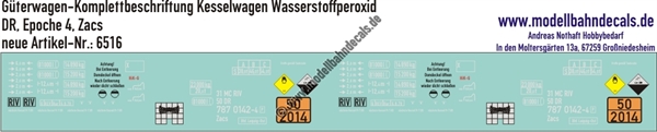 "Nass-Schiebebilder: Güterwagen-Komplettbeschriftung Kesselwagen Zacs, Ladegut Wasserstoffperoxid, DR, Epoche 4. Artikel-Nummer: 6516"