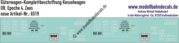 "Nass-Schiebebilder: Güterwagen-Komplettbeschriftung Kesselwagen Zaes, DB, Epoche 4. Artikel-Nummer: 6519"