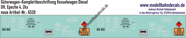 "Nass-Schiebebilder: Güterwagen-Komplettbeschriftung Kesselwagen Zks, Ladegut Diesel, DR, Epoche 4. Artikel-Nummer: 6520"