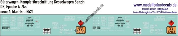 "Nass-Schiebebilder: Güterwagen-Komplettbeschriftung Kesselwagen Zks, Ladegut Benzin, DR, Epoche 4. Artikel-Nummer: 6521"