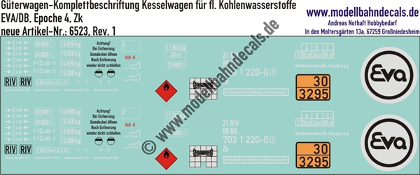 "Nass-Schiebebilder: Güterwagen-Komplettbeschriftung Kesselwagen EVA, Ladegut flüssige Kohlenwasserstoffe, DB, Epoche 4. Artikel-Nummer: 6523"
