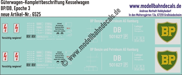"Nass-Schiebebilder: Güterwagen-Komplettbeschriftung Kesselwagen BP, DB, Epoche 3. Artikel-Nummer: 6525"