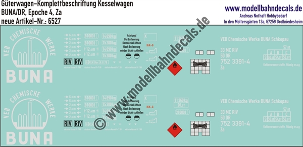 "Nass-Schiebebilder: Güterwagen-Komplettbeschriftung Kesselwagen Buna, DR, Epoche 4. Artikel-Nummer: 6527"
