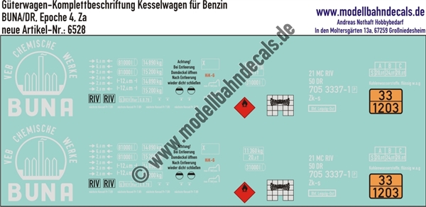 "Nass-Schiebebilder: Güterwagen-Komplettbeschriftung Kesselwagen Buna, Ladegut Benzin, DR, Epoche 4. Artikel-Nummer: 6528"
