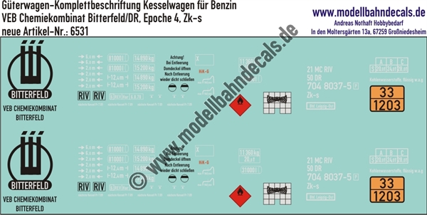 "Nass-Schiebebilder: Güterwagen-Komplettbeschriftung Kesselwagen VEB Chemiekombinat Bitterfeld, Ladegut Benzin, DR, Epoche 4. Artikel-Nummer: 6531"