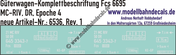 "Nass-Schiebebilder: Güterwagen-Komplettbeschriftung Fcs 6695, MC-RIV, DR, Epoche 4. Artikel-Nummer: 6536"
