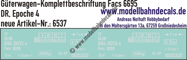 "Nass-Schiebebilder: Güterwagen-Komplettbeschriftung Facs 6695, DR, Epoche 4. Artikel-Nummer: 6537"