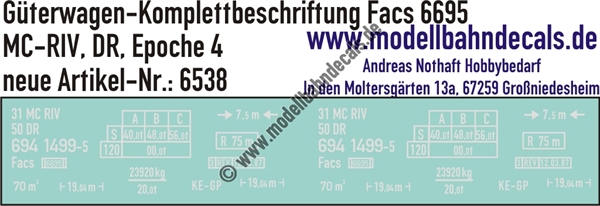 "Nass-Schiebebilder: Güterwagen-Komplettbeschriftung Facs 6695, MC-RIV, DR, Epoche 4. Artikel-Nummer: 6538"