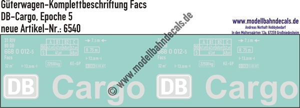 "Nass-Schiebebilder: Güterwagen-Komplettbeschriftung Facs, DB-Cargo, Epoche 5. Artikel-Nummer: 6540"