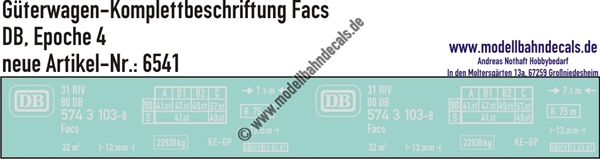 "Nass-Schiebebilder: Güterwagen-Komplettbeschriftung Facs, DB, Epoche 4. Artikel-Nummer: 6541"