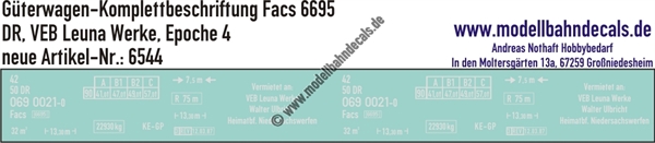 "Nass-Schiebebilder: Güterwagen-Komplettbeschriftung Facs 6695, DR, VEB Leunawerke, Epoche 4. Artikel-Nummer: 6544"