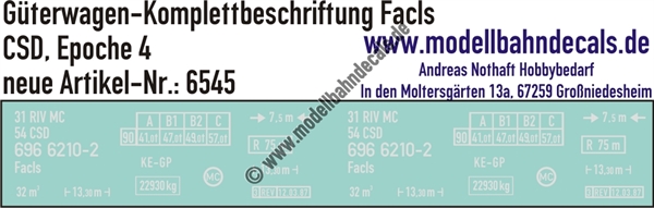 "Nass-Schiebebilder: Güterwagen-Komplettbeschriftung Facls, CSD, Epoche 4. Artikel-Nummer: 6545"