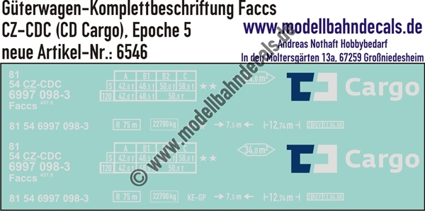 "Nass-Schiebebilder: Güterwagen-Komplettbeschriftung Faccs, CZ-CDC (CD Cargo), Epoche 5. Artikel-Nummer: 6546"