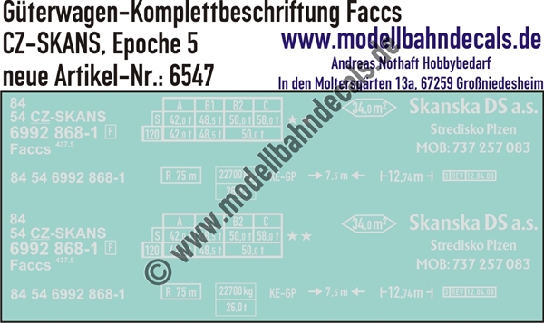 "Nass-Schiebebilder: Güterwagen-Komplettbeschriftung Faccs, CZ-SKANS, Epoche 5. Artikel-Nummer: 6547"