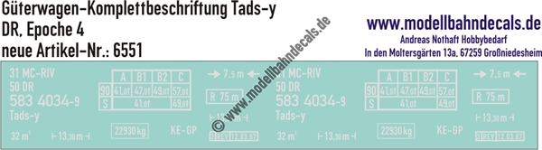 "Nass-Schiebebilder: Güterwagen-Komplettbeschriftung Tads-y, DR, Epoche 4. Artikel-Nummer: 6551"