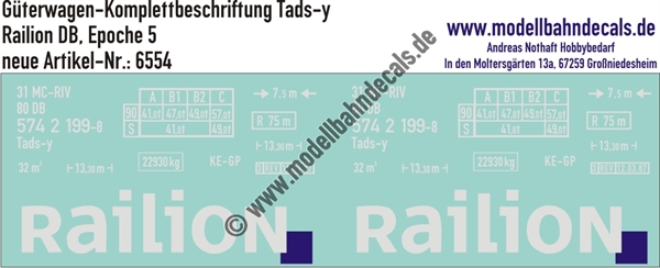 "Nass-Schiebebilder: Güterwagen-Komplettbeschriftung Tads-y, Railion DB, Epoche 5. Artikel-Nummer: 6554"