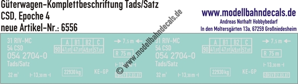 "Nass-Schiebebilder: Güterwagen-Komplettbeschriftung Tads/Satz, CSD, Epoche 4. Artikel-Nummer: 6556"