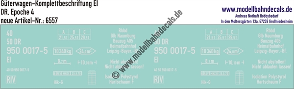 "Nass-Schiebebilder: Güterwagen-Komplettbeschriftung El, DR, Epoche 4. Artikel-Nummer: 6557"