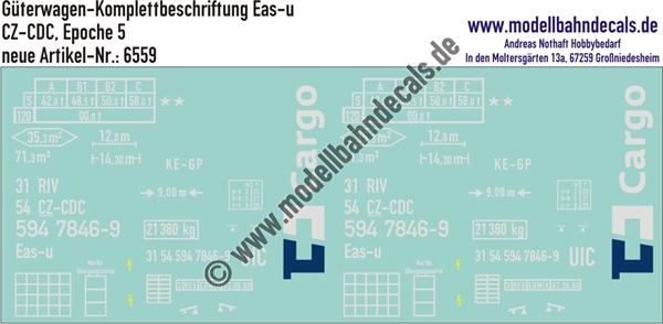 "Nass-Schiebebilder: Güterwagen-Komplettbeschriftung Eas-u, CZ-CDC (CD Cargo), Epoche 5. Artikel-Nummer: 6559"