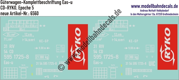 "Nass-Schiebebilder: Güterwagen-Komplettbeschriftung Eas-u, CD (Ryko), Epoche 5. Artikel-Nummer: 6560"