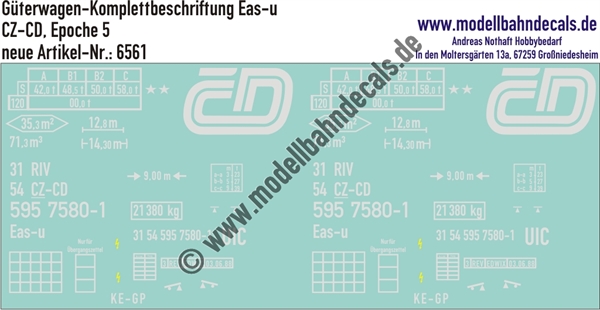 "Nass-Schiebebilder: Güterwagen-Komplettbeschriftung Eas-u, CZ-CD, Epoche 5. Artikel-Nummer: 6561"