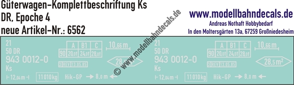 "Nass-Schiebebilder: Güterwagen-Komplettbeschriftung Ks, DR, Epoche 4. Artikel-Nummer: 6562"