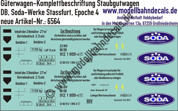 "Nass-Schiebebilder: Güterwagen-Komplettbeschriftung Kds, Staubgutwagen Soda-Werke Stassfurt, DB, Epoche 4. Artikel-Nummer: 6564"