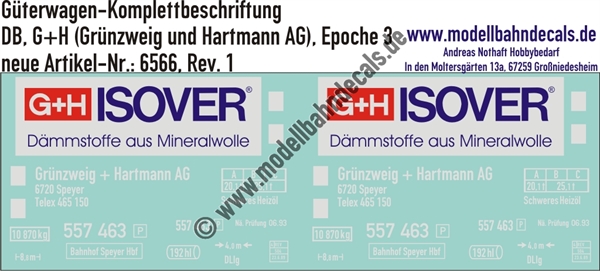 "Nass-Schiebebilder: Güterwagen-Komplettbeschriftung Heizöl-Wagen G+H (Grünzweig und Hartmann AG), DB, Epoche 3. Artikel-Nummer: 6566"
