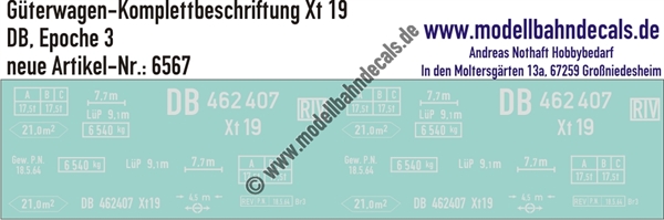 "Nass-Schiebebilder: Güterwagen-Komplettbeschriftung Xt 19, DB, Epoche 3. Artikel-Nummer: 6567"
