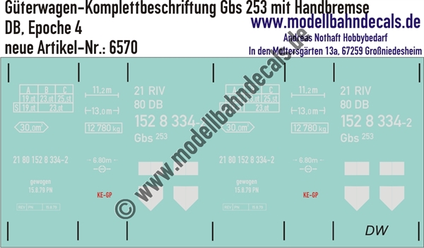 "Nass-Schiebebilder: Güterwagen-Komplettbeschriftung Gbs 253 mit Handbremse, DB, Epoche 4. Artikel-Nummer: 6570"