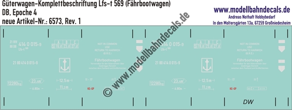 "Nass-Schiebebilder: Güterwagen-Komplettbeschriftung Lfs-t 569 (Fährbootwagen), DB, Epoche 4. Artikel-Nummer: 6573"