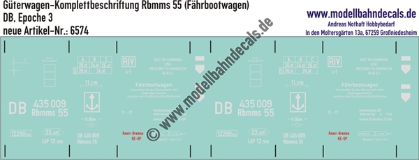 "Nass-Schiebebilder: Güterwagen-Komplettbeschriftung Rbmms 55 (Fährbootwagen), DB, Epoche 3. Artikel-Nummer: 6574"
