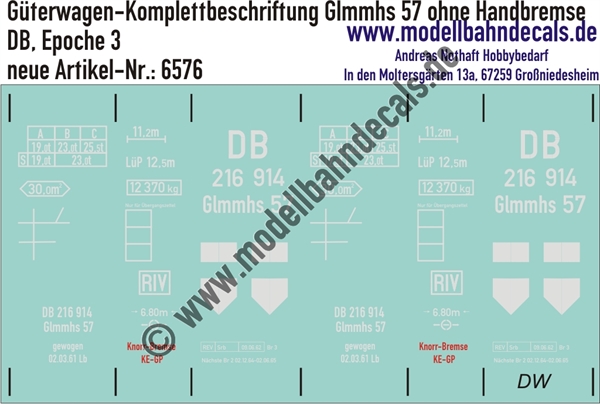 "Nass-Schiebebilder: Güterwagen-Komplettbeschriftung Glmmhs 57 ohne Handbremse, DB, Epoche 3. Artikel-Nummer: 6576"