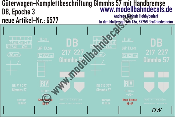 "Nass-Schiebebilder: Güterwagen-Komplettbeschriftung Glmmhs 57 mit Handbremse, DB, Epoche 3. Artikel-Nummer: 6577"