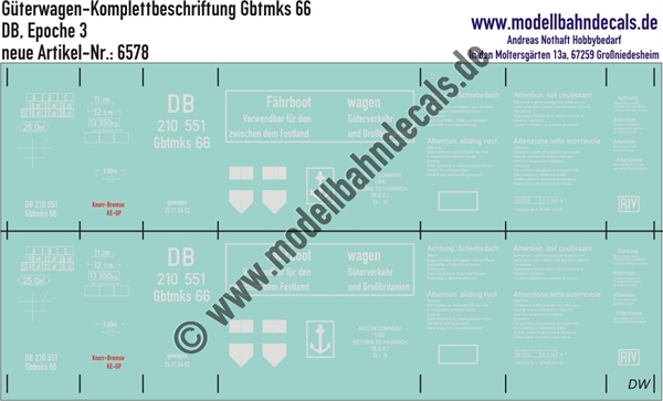 "Nass-Schiebebilder: Güterwagen-Komplettbeschriftung Gbtmks 66, DB, Epoche 3. Artikel-Nummer: 6578"
