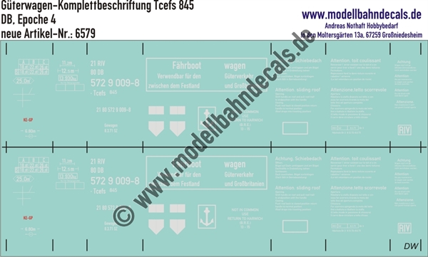 "Nass-Schiebebilder: Güterwagen-Komplettbeschriftung Tcefs 845, DB, Epoche 4. Artikel-Nummer: 6579"