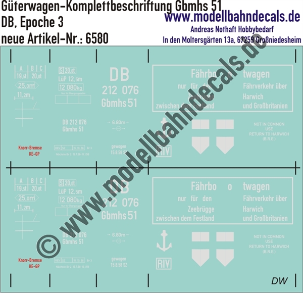 "Nass-Schiebebilder: Güterwagen-Komplettbeschriftung Gbmhs 51, DB, Epoche 3. Artikel-Nummer: 6580"
