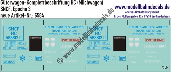 "Nass-Schiebebilder: Güterwagen-Komplettbeschriftung HC (Milchwagen), SNCF, Epoche 3. Artikel-Nummer: 6584"