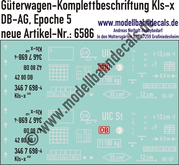 "Nass-Schiebebilder: Güterwagen-Komplettbeschriftung Kls-x 448, DB-AG, Epoche 5. Artikel-Nummer: 6586"