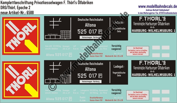"Nass-Schiebebilder: Kesselwagen-Komplettbeschriftung 150 hl, Thörl's Vereinige Harburger Ölfabriken, DRG, Epoche 2. Artikel-Nummer: 6588"