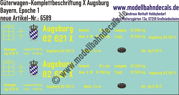 "Nass-Schiebebilder: Güterwagen-Komplettbeschriftung X Augsburg, Bayern (Königlich Bayerische Staatsbahn), Epoche 1. Artikel-Nummer: 6589"