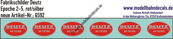 "Nass-Schiebebilder: 6 Stück Fabrikschilder Deutz (No. 18368), Silber/Rot, Epochen 2-5, Individualisierung möglich. Artikel-Nummer: 6592"