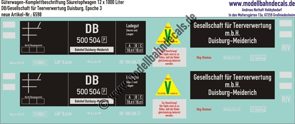 "Nass-Schiebebilder: Güterwagen-Komplettbeschriftung Säuretopfwagen 12x1000 Liter, DB/Gesellschaft für Teerverwertung Duisburg, Epoche 3. Artikel-Nummer: 6598"