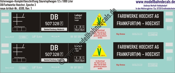 "Nass-Schiebebilder: Güterwagen-Komplettbeschriftung Säuretopfwagen 12x1000 Liter, DB/Farbwerke Hoechst, Epoche 3. Artikel-Nummer: 6599"