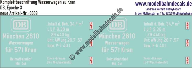 Nass-Schiebebilder: Komplettbeschriftung für einen Wasserwagen (zu Kran) DB, Epoche 3, Artikel-Nummer: 6609