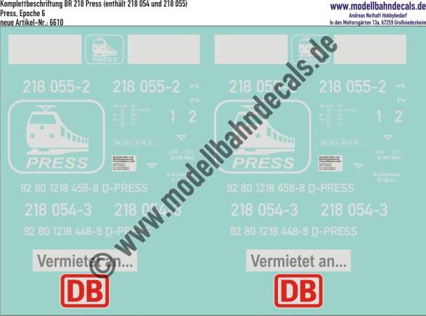 Nass-Schiebebilder: Lok-Komplettbeschriftung für eine(!) Lok der Pressnitztalbahn BR 218 (218 054 oder 218 055), Epoche 6, Artikel-Nummer: 6610