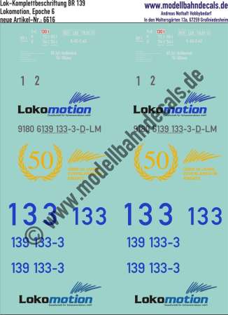 Nass-Schiebebilder: Komplettbeschriftung für Lok 139 133-3 von Lokomotion, Epoche 6. Artikel-Nummer: 6616