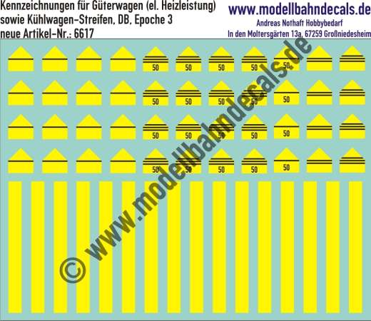Nass-Schiebebilder: Kennzeichnungen für Güterwagen (el. Heizleistung) sowie Kühlwagen-Streifen, DB, Epoche 3. Artikel-Nummer: 6617