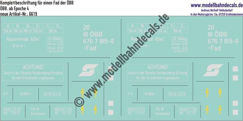 Nass-Schiebebilder: Güterwagen-Komplettbeschriftung Fad, ÖBB, Epoche 4. Artikel-Nummer: 6619